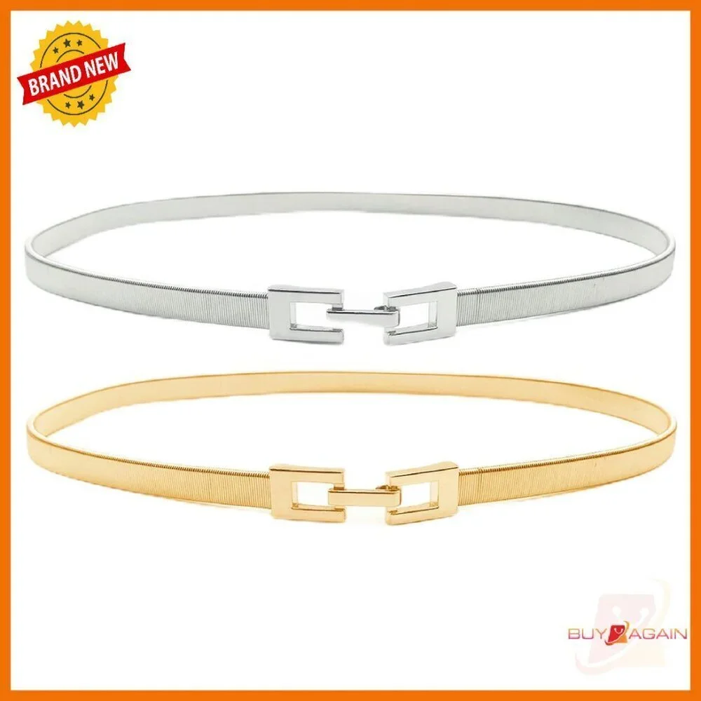 Skinny Elastic Metal Stretch Belt Adjustable Waist Sizes 25.5-33 Inches